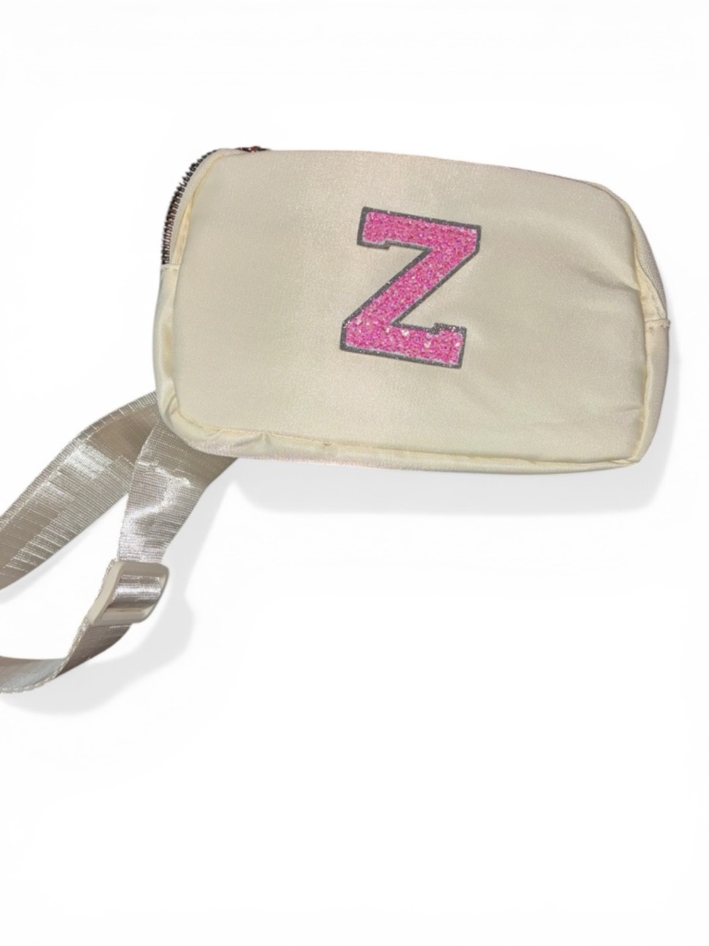 3/$8 Cream Crossbody Belt Bag with Pink Glitter "Z" Patch
